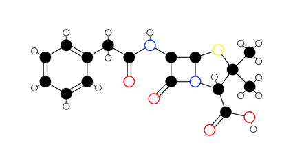 benzylpenicillin molecule, structural chemical formula, ball-and-stick model, isolated image penicillin g