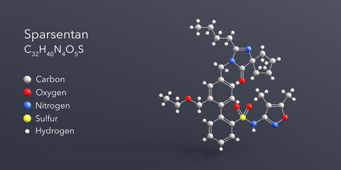 sparsentan molecule 3d rendering, flat molecular structure with chemical formula and atoms color coding
