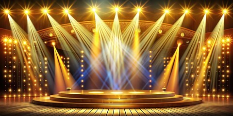 Vibrant and colorful of a stage with golden spotlights illuminating the scene, golden, stage, spotlight, vibrant, colorful