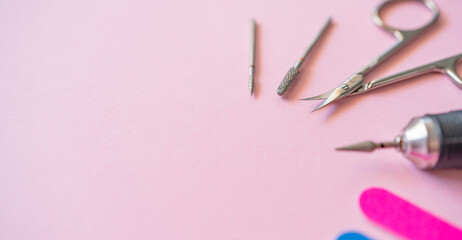 Manicure and pedicure tools. Nail care. Copy space