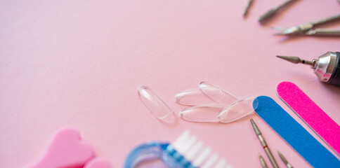 Tools for Manicure or pedicure. Scissors, nail file. Banner for nail concept 