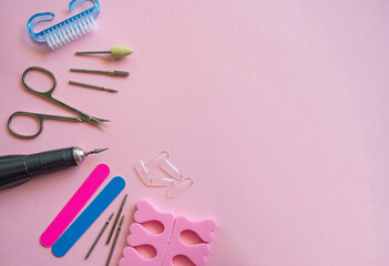Manicure and pedicure tools. Nail care. Tools for hardware manicure. Nail tips 