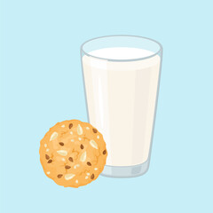 Glass of milk and whole grain cookies with seeds. Vector cartoon flat illustration of healthy food.