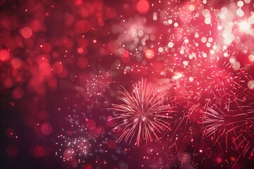 Obraz premium Vibrant Festivities: Celebrating the New Year with Red Fireworks and Scenic Delights. Captivating Joy and Festive Atmosphere