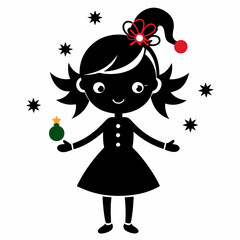 Christmas Cute Kid Girl black vector silhouette