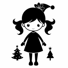 Christmas Cute Kid Girl black vector silhouette