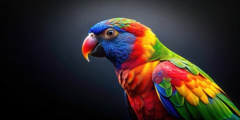 Obraz premium Vibrant parrot with a rainbow of colors perched on a sleek black background, colorful, parrot, bird, vibrant