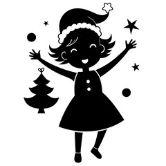 Christmas Cute Kid Girl black vector silhouette