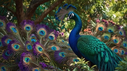 Obraz premium Vibrant Peacock Displaying Colorful Feathers in Lush Garden, Ultra-Realistic HD Quality