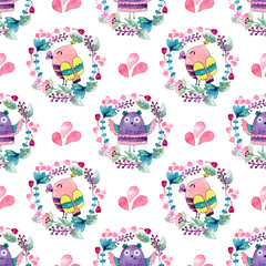 Watercolor funny illustration with owls. Hand drawn bird drawing. Seamless pattern. Png.
