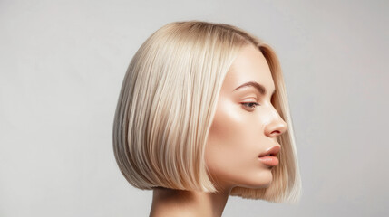 A model with short blonde hair in a straight and sleek bob hairstyle for a close-up profile photo. Banner, a minimalistic background for a hair product ad or hair photoshoot for a magazine cover.