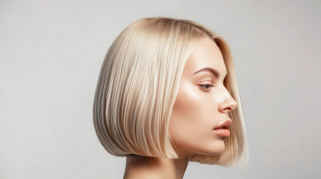 A model with short blonde hair in a straight and sleek bob hairstyle for a close-up profile photo. Banner, a minimalistic background for a hair product ad or hair photoshoot for a magazine cover.