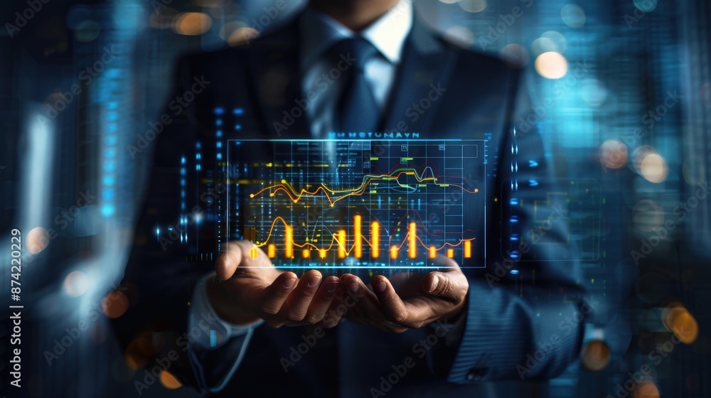 Poster a man is holding a screen with a graph on it