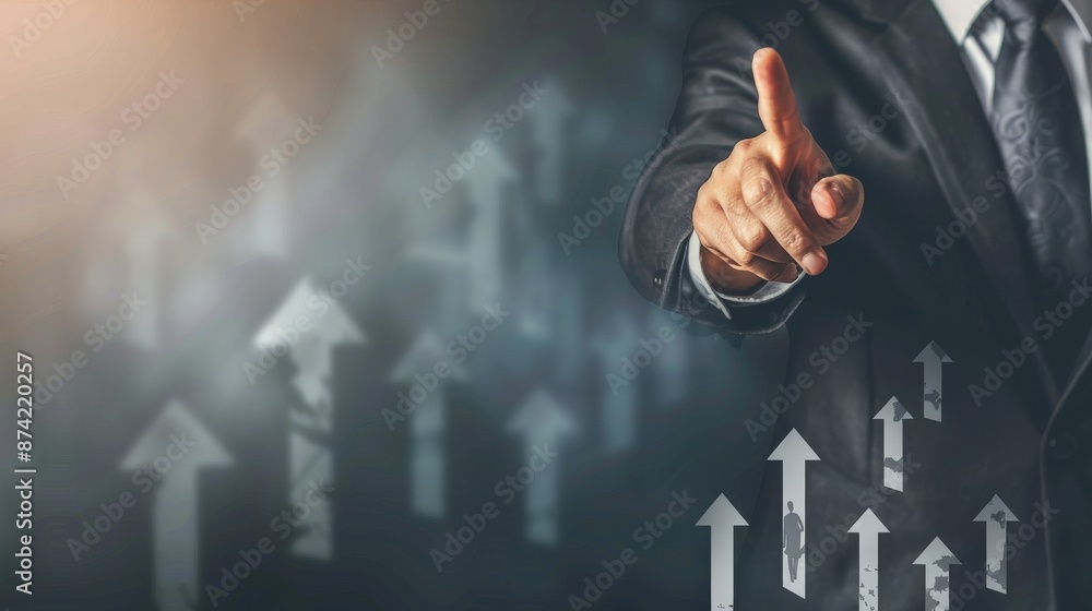 Poster a man in a suit is pointing at a series of arrows on a screen