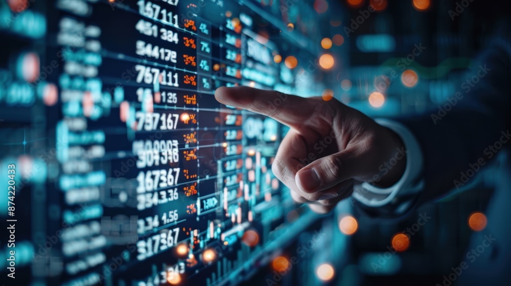 Poster a man is pointing at a screen with a lot of numbers on it