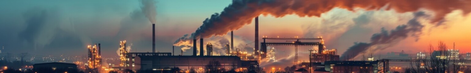 Obraz premium Illuminated Industrial Factory Chimney Emitting Smoke Against Night Sky. Industrialization and Manufacturing Concepts