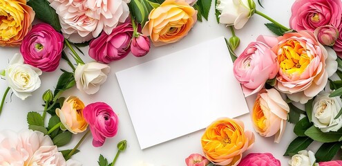 A piece of paper in the middle is surrounded by colorful roses on a white background