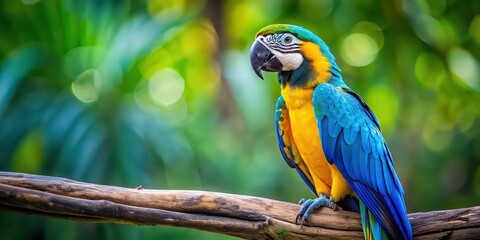 Obraz premium Vibrant blue and yellow macaw with bright feathers perched on a branch, tropical bird, colorful, exotic, parrot, wildlife