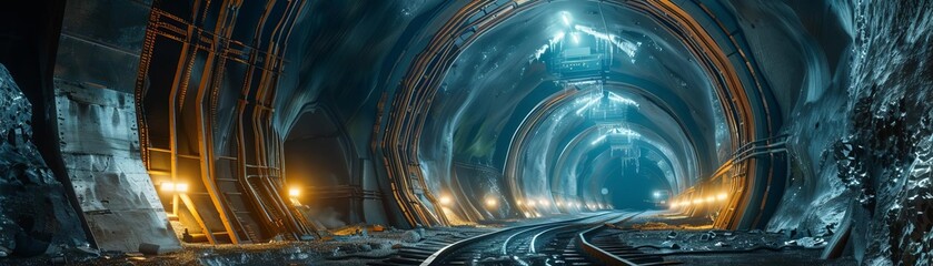 Railway tunnel construction with orange lights illuminating the dark, rocky passage. Industrial engineering and underground infrastructure.