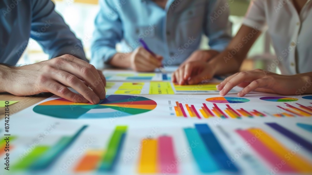 Aufkleber three people are working on a graph with colorful bars and pie charts