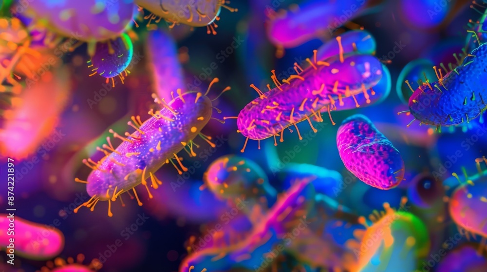Aufkleber a close-up view of various bacteria, illuminated in vibrant colors, captured under a microscope.