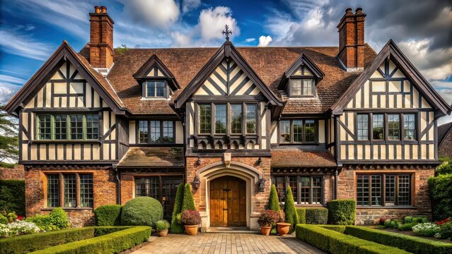 Tudor-style home with intricate half-timbering and arched entryway, evoking old-world charm, Tudor, home