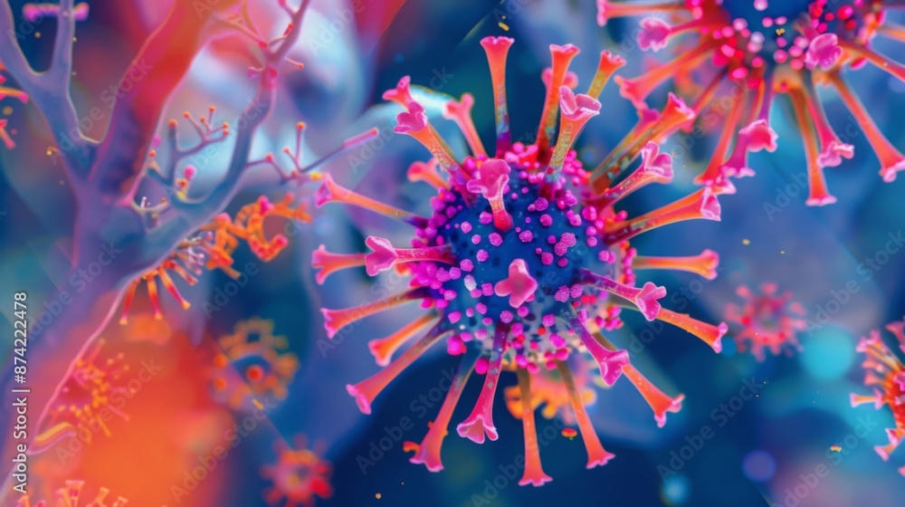 Fototapete A colorful microscopic image of a coronavirus with numerous spike proteins extending from its surface.