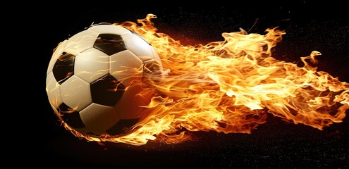 Fototapeta premium A black and white ball is burning with fire on a black background