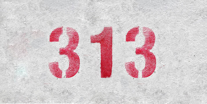 Red Number 313 on the white wall. Spray paint.