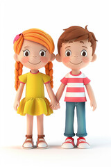 3D cartoon style children holding hands, smiling, white background
