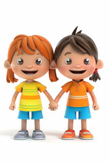 3D cartoon style children holding hands, smiling, white background