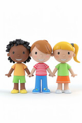 Group of 3D animated children holding hands, cheerful faces, plain white backdrop