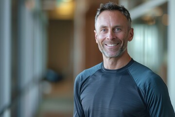 Fototapeta premium Portrait of a happy man in his 40s wearing a moisture-wicking running shirt in front of sophisticated corporate office background