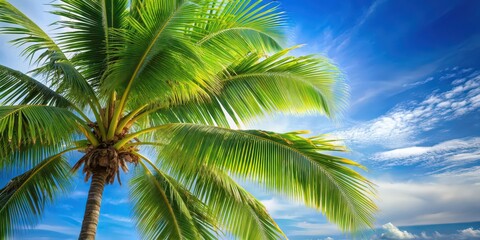 Fototapeta premium Tropical palm tree with lush green fronds swaying in the breeze, tropical, exotic, nature, palm leaves, sunny, summer