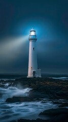 A lighthouse illuminates the coastline, its beacon ensuring safety over the ocean. The white house stands tall against the sky, overlooking the beach and water