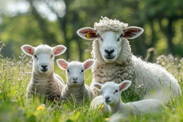 Fototapeta premium Springtime Grazing: Fluffy Sheep and Playful Lambs in a Lush Green Field