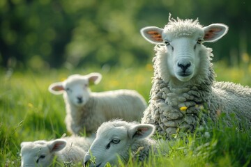 Obraz premium Springtime Grazing: Fluffy Sheep and Playful Lambs in a Lush Green Field