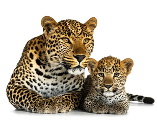 Obraz premium Leopard mit baby isoliert auf weißen Hintergrund, Freisteller