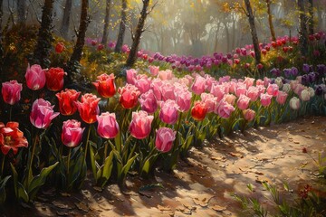 Obraz premium Tulip Symphony: A Vibrant Springtime Garden Scene