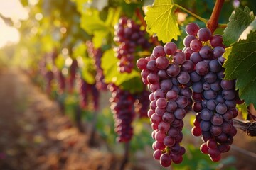 Fototapeta premium Sun-Drenched Vineyard: Ripe Grapes Promise Summer's Bounty in Vibrant Clusters