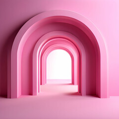 3d render of a corridor,3D Studio with Endless Arched Doorways, Pink Background and Floor for Product Photography,GenerativeAI