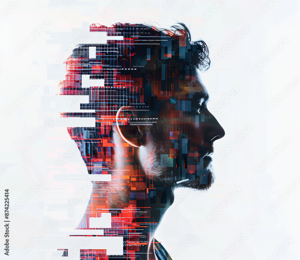 Fototapete Abstract Portrait of a handsome man in double exposure, side view portrait made in the style of pixel texture on a white background, glitch art effect.


