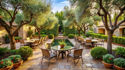 Tranquil oasis with harmonious olive garden , tranquility, peaceful, serenity, relaxation, oasis, harmony, lush