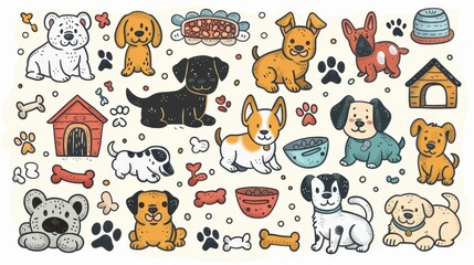Fototapeta premium Cute cartoon dogs and pet accessories including dog houses, bones, and food bowls, ideal for animal lovers and pet-themed designs. 