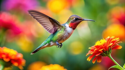 Obraz premium Vibrant photo of a hummingbird hovering near a colorful flower, wildlife, bird, nature, vibrant, colors, feathers