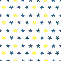 Star silhouettes with blue, yellow and turquoise paint texture. Watercolor illustration hand drawn in children's style. Seamless pattern on a white background.