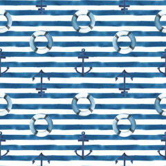 Lifebuoy with anchor on with blue nautical stripes. Watercolor illustration, hand drawn in childish style. Seamless pattern on a white background © NATASHA-CHU
