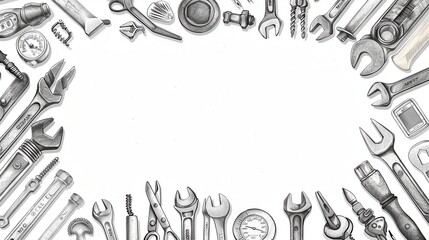 Obraz premium Assorted metal wrenches and hand tools on a white background, diverse collection featuring spanners, adjustable wrenches, pliers, and gauges for professional repair, maintenance