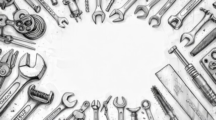 Fototapeta premium Assorted metal wrenches and hand tools on a white background, comprehensive collection featuring spanners, adjustable wrenches, pliers, and bolts for repair, maintenance, and DIY projects