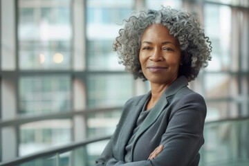 Portrait of a satisfied afro-american woman in her 60s wearing a professional suit jacket while standing against sophisticated corporate office background